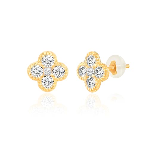 Solid 10K Gold Clover Studs with Cubic Zirconia | Hypoallergenic Stud Earrings for Women | Anti-Tarnishing Real Gold Clover Earrings Small Stud Earrings by MAX + STONE