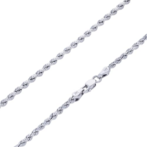 Nuragold 14k Real White Gold 2mm Rope Chain Diamond Cut Bracelet (7"-9") - 8.5"