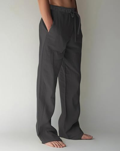BUXKR Men's Linen Pants Beach Casual Cotton Summer Lightweight Elastic Waist Drawstring with Deep Pockets Dark Grey