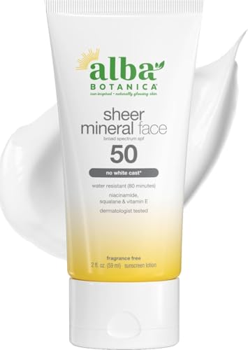 Alba Botanica Sunscreen for Face, Fragrance-Free Sheer Mineral Face Sunscreen Lotion, Broad Spectrum SPF 50, Water Resistant and Biodegradable, 2 fl. oz. Bottle (Packaging May Vary)