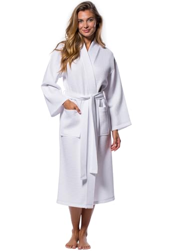 Turquaz Lightweight Waffle Knit Kimono Bathrobe - Soft Cotton Blend Spa Robe, Fast-Drying Full-Length Unisex Robes for Women