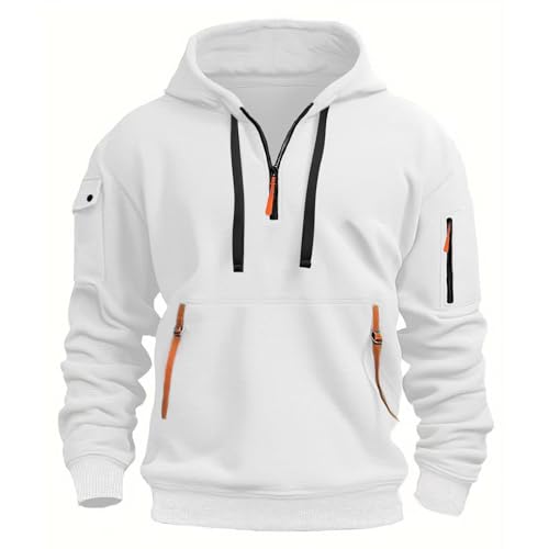 MANTORS Men's Fleece Hoodie Casual Long Sleeve 1/4 Zipper Pullover Sweatshirts White XL