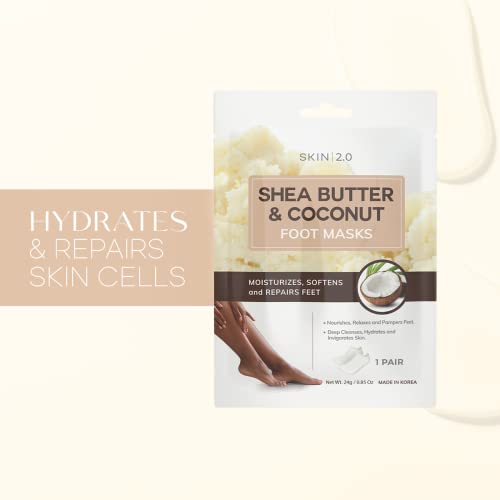 Skin 2.0 Shea Butter & Coconut Foot Masks - Softens Calluses, Treats Cracked Heels, Soothing & Hydrating - Dermatologist Tested Korean Skincare - Clean Beauty, Cruelty-Free, All Skin Types - 3 Pairs