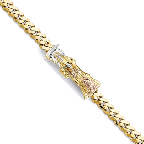 14k Tri Color Gold Cuban Link Santa Muerte ID Bracelet - 8.5"