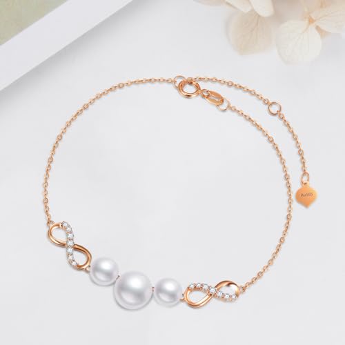 SISGEM 10k Rose Gold Created Moissanite and Freshwater Cultured Pearl Infinity Bracelet for Women, Real 14kt Gold Love Jewelry Gifts for Her, 6.8"-8.4"