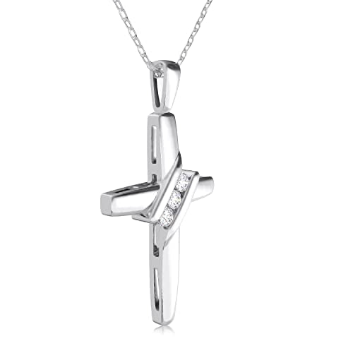 EternalDia 10K Gold Diamond Three-Stone Cross Necklace for Women Men | 18” Chain with Spring Ring Closure | Jewelry Pendant Necklace 0.05cttw, Color I-J, Clarity- I2-I3 | Mothers Day Gift