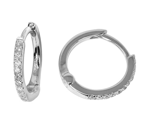 KOKAV 14K Gold Nautral Diamonds 1/10 Ct Small Hoop Huggies Earrings. 12mm Diameter (White Gold)