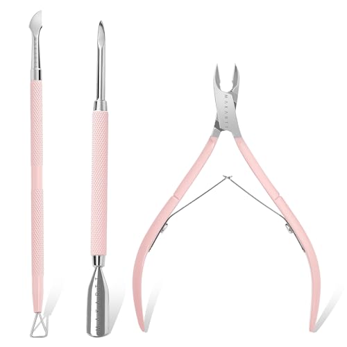 Makartt 3 Pcs Pink Cuticle Nipper Set, Stainless Steel Pusher & Scraper
