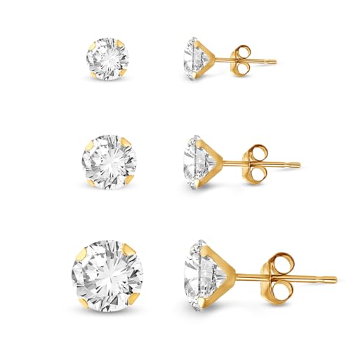 Jewelili 10K Yellow Gold 3 Pair Stud Earrings Set for Women