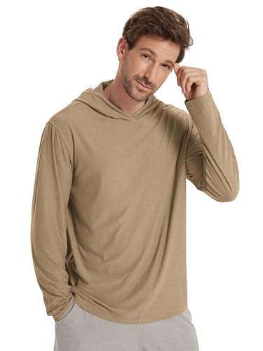 ODODOS Men's Long Sleeve Hoodie - odSTRATUM Tech Performance Pullover - Ultra Soft Moisture Wicking UPF 50+ Top, Khaki Heather, Large