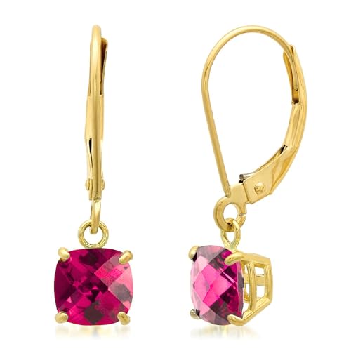 Solid 10K Yellow Gold Cushion Cut Ruby Dangle Earrings | 6mm Gemstone July Birthstone Red Dangle Earrings | Checkerboard 10 Karat Gold Leverback Earring for Women by MAX + STONE