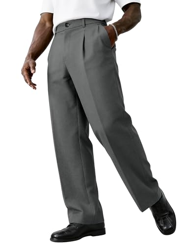 PLEPAN Men's Casual Dress Pants Pleated Baggy Wide Leg Relaxed Fit Slacks Expandable Waist Trousers Dark Gray Medium