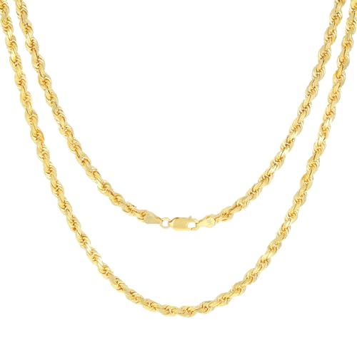 Nuragold 14k Real Yellow Gold Rope Chain Diamond Cut Italian Necklace - 4mm - 22"