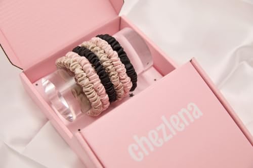 chezlena100% Silk Scrunchies for Women -No Crease & No Damage Hair Ties | Reduces Frizz, Gentle Elastic,Blackpinkchampagne, Pack of 6
