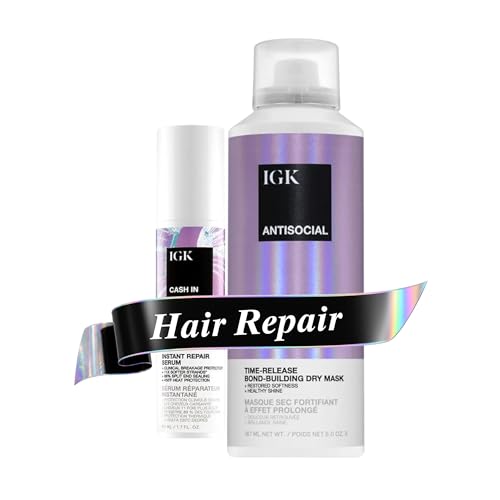 IGK Bond-Building Repair Set | ANTISOCIAL Bond-Building Dry Hair Mask + CASH IN Instant Repair Serum | Repair + Protect + Soften | Vegan + Cruelty Free
