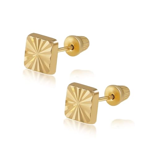 Real 14k and 10K solid Yellow Gold Tiny Stud Earrings with Screw back for Women And Men for Sensitive ears Small & Minimalist Studs Jewelry for Gifts(Diamond Cut Square earrings)