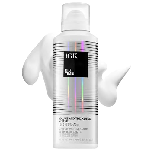 IGK Big Time Volume & Thickening Mousse for Fine, Flat & Curly Hair, 6.2 Oz