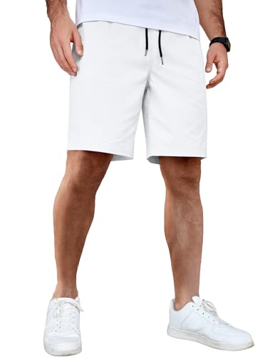 COOFANDY Men's Casual Shorts Cotton Elastic Waist Drawstring Shorts Lightweight Summer Beach Shorts White