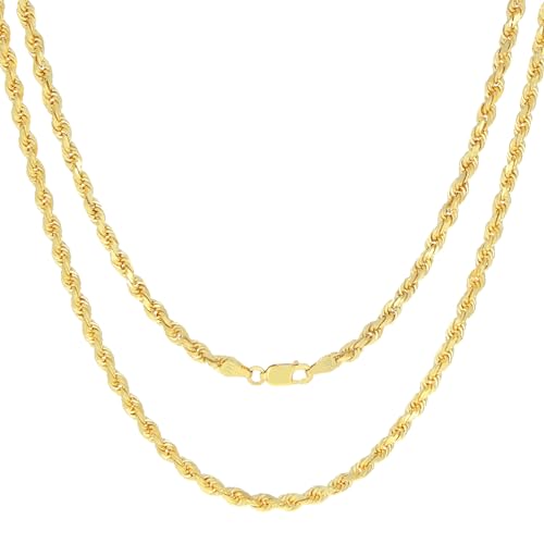 Nuragold 14k Real Yellow Gold Rope Chain Diamond Cut Italian Necklace - 3mm - 18"