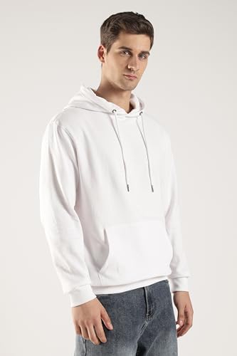 Klizzer Luxury Men's 100% Cotton Pullover Hoodie, Fleece Hooded Sweatshirt With Front Pocket (White, XL)
