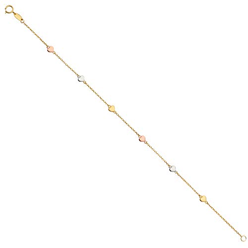 14k REAL Tri Color Gold Chain Bracelet with Heart - 7.25"