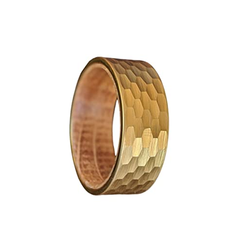 14K Gold Whiskey Barrel Rings for Men Hammered Tungsten Wedding Band Bourbon Barrel Wooden Ring Rustic Yellow Gold Anniversary Gifts for Him