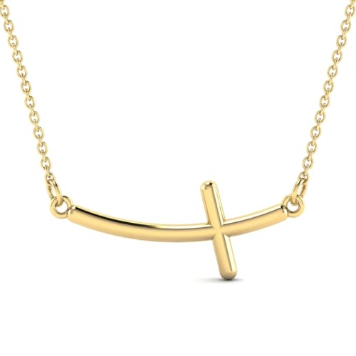 Gelin Dainty Curved Sideways Cross Necklace for Women in 10K Solid Gold, 18 Inch Chain