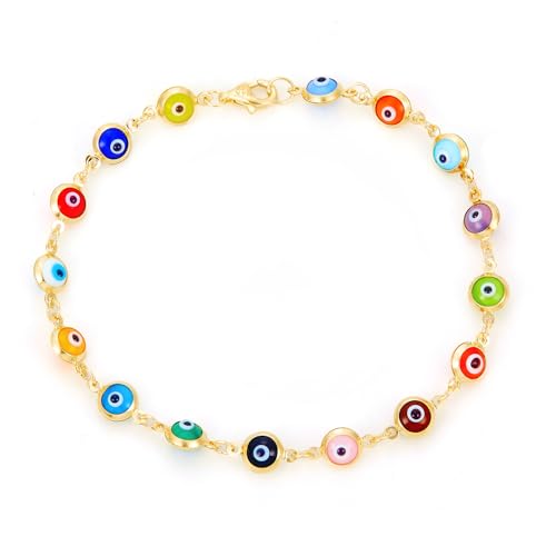 14k REAL Yellow Gold Multi Color Evil Eye Bracelet - 7.25"