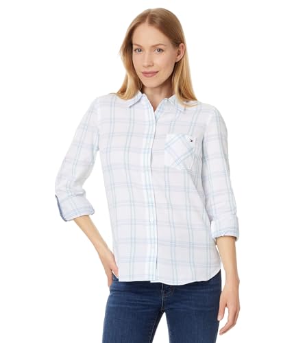 Tommy Hilfiger Women's Shirt Pebble Plaid Roll Tab Bright White Multi L