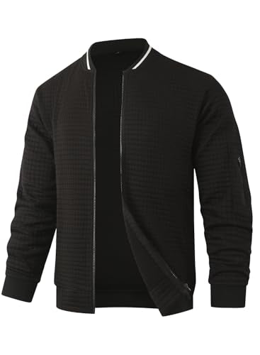 HOOD CREW Men’s Lightweight Casual Jackets Varsity Bomber Jacket Coat with Zipper Black L