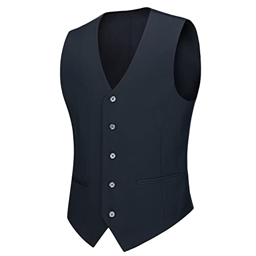 Cooper & Nelson Men's Suit Slim Fit, 3 Piece Suits for Men, One Button Solid Jacket Vest Pants with Tie, Tuxedo Set Dark Navy M