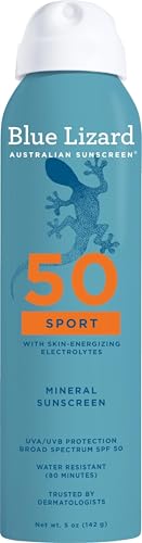 BLUE LIZARD Sport Mineral Sunscreen Spray SPF 50+, Dermatologist-Recommended Brand, Broad-Spectrum UVA/UVB Protection, Water-Resistant, Zinc Oxide Formula, Vegan, 5 fl oz