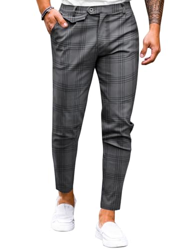 Coutgo Men's Classic Plaid Dress Pants Casual Business Stretch Straight Leg Slim Fit Button Trousers Dark Grey