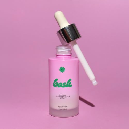Bask SPF 50 Mineral Face Sunscreen Serum - Fragrance Free, Reef Safe, Broad Spectrum UVA/UVB Protection, Dermatologist Recommended, Hydrating, Lightweight & Fast-Absorbing, 1 oz