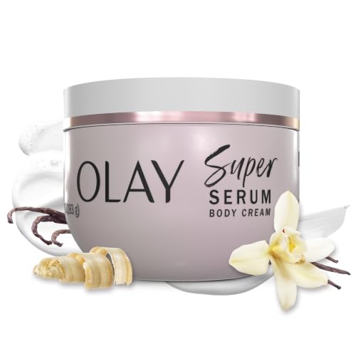 Olay Super Serum Body Cream for Dry Skin, 24hr Long Lasting Hydration, 5+ Ingredient Serum Complex for Bright Even Firm Luminous Skin, Sweet Vanilla & Soft Wood Scent,10 fl oz