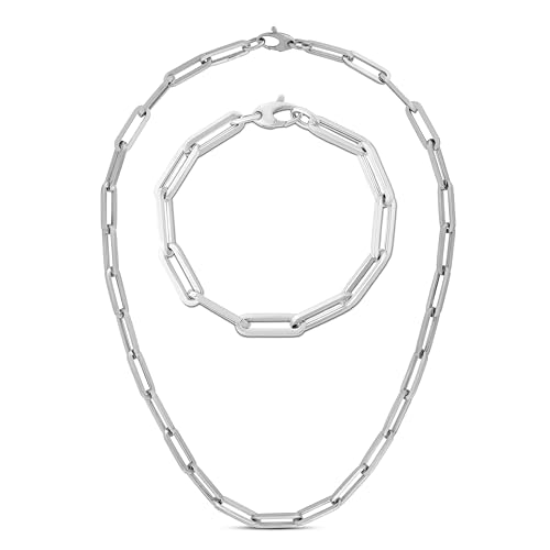 Floreo 14k White Gold 6mm Hollow Paperclip Link Chain Necklace and Bracelet Set - 18 Inch Necklace