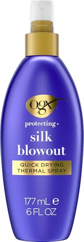OGX Protecting + Silk Blowout Quick Drying Thermal Protection Spray, Heat Protectant Spray Shields Hair up to 450°F For Soft, Shiny Hair and Big, Beautiful Blowouts, Light Hold, 6 fl. oz