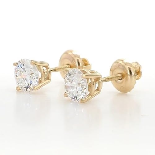 Lab Grown Diamond Stud Earrings for Women | 2 Carat Total Weight Round Cut | 14K Yellow Gold, E-F Color VS Clarity | 4-Prong Screw Back | Solitaire Diamond Earrings | Hypoallergenic Fine Jewelry Gift for Her