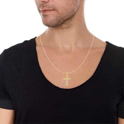 Floreo 14k Yellow Gold 1.1" Greek Key Jesus Crucifix Two-Tone Cross Charm Pendant with Adjustable Chain Necklace, 18 Inch