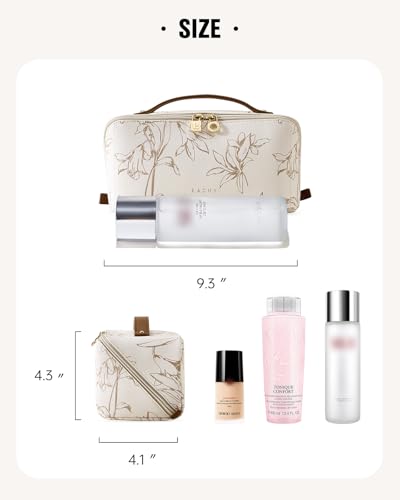 EACHY Travel Makeup Bag, Floral Cosmetic Bag for Women, Beige, Medium