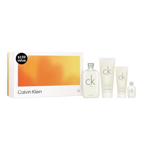 Calvin Klein CK One Eau de Toilette 4-Piece Gift Set ($159 Value) – 6.7 oz EDT, 0.5 oz EDT, 6.7 oz Body Lotion, 3.3 oz Shower Gel – With Notes of Green Tea – Long-Lasting Unisex Fragrance