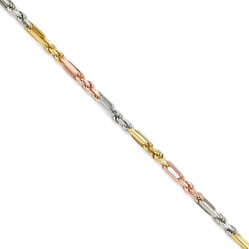 14k REAL Tri Color Gold Solid Men's 4mm Figarope Chain Bracelet with Lobster Claw Clasp - 8.5"