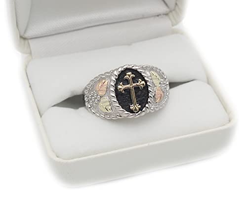 Men's Cross Ring, Sterling Silver, 10k Yellow Gold, 12k Green and Rose Gold Black Hills Gold Motif, Size 13