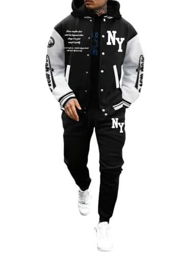 SOLY HUX Men's Tracksuit 2 Piece Outfits Color Block Letter Graphic Long Sleeve Varsity Jacket and Pants Set Black and White Letter Medium