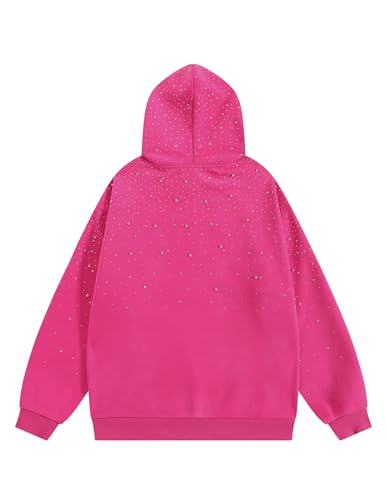 Aelfric Eden Rhinestone Hoodies Men Women Diamond Hooded Sweatshirt Fashion Luxury Casual Streetwear Unisex Hoodie Pullover Hot Pink M