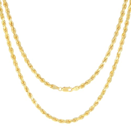 Nuragold 10k Real Yellow Gold Rope Chain Diamond Cut Italian Necklace - 4mm - 22"