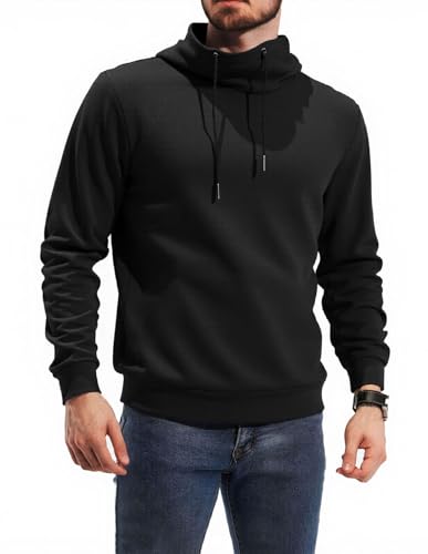 fit space Men's Tailored Relaxed Fit Sweatshirts & Full Zip Hoodie Turtleneck Athleisure Pullover with Zipper Pockets (Black Pullvoer,Small)