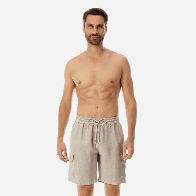 Vilebrequin Men Linen Bermuda Shorts Cargo Pockets, S, Safari