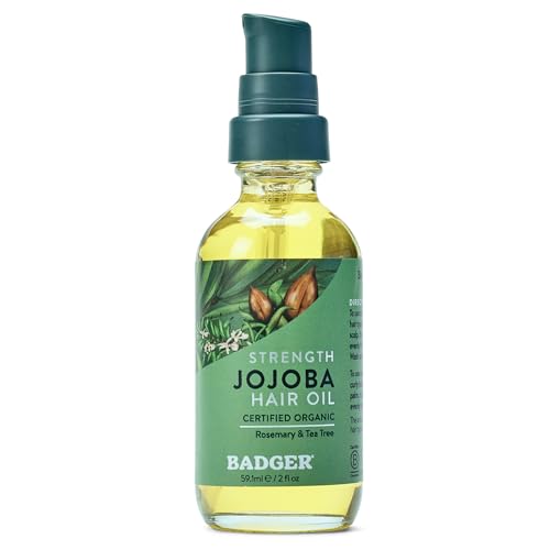 Badger Organic Jojoba Hair Oil & Dry Scalp Treatment, Soothing & Moisturizing Itchy Dry Scalp Oil, Rosemary Hair Oil, Organic Jojoba Oil Hair & Scalp Moisturizer, 2 fl oz Glass Bottle