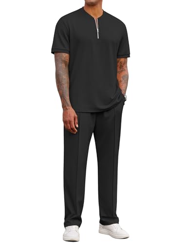 COOFANDY Men's 2 Pieces Outfits Casual Quarter Zip Polo Shirt and Jogging Pants Summer Tracksuits Set